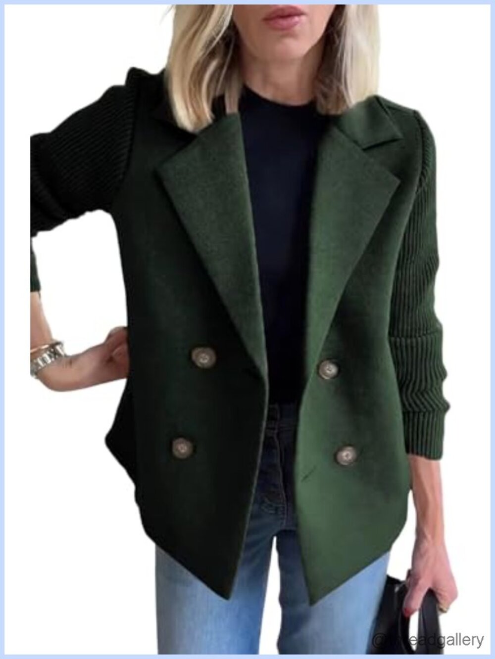 Women's Wool Pea Coat Double Breasted Notched Lapel Ribbed Knit Sleeve Blazer